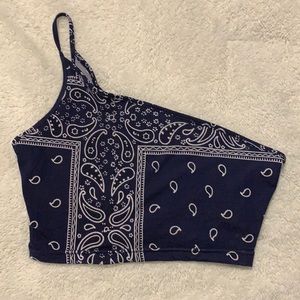 crop top one shoulder, a little see through so maybe wear a strappless bra :)